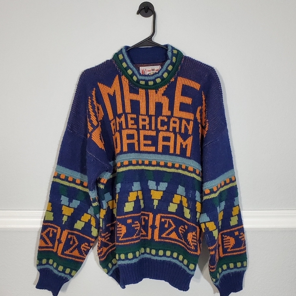 Mad Snowear Make American Dream Long Sleeve Wool Blend Sweater XL Blue Gold